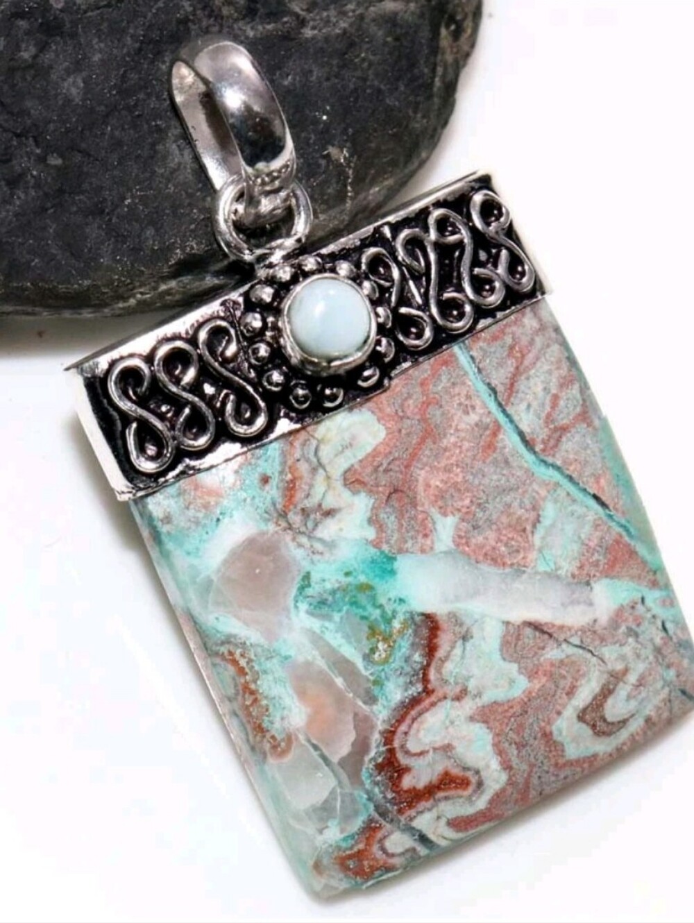 Mexican Laguna Lace, Larimar 925 Sterling Silver Handmade Cap Pendant Necklace